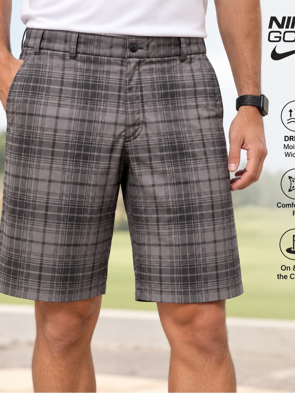 Nike Golf Dri-FIT Men’s 36 Plaid Golf Shorts Gray Black